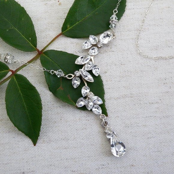 Erin Cole Bride Delicate Teardrop Crystal Vine Necklace